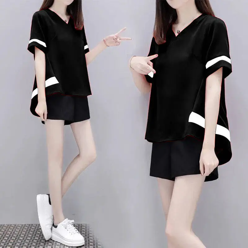 Women White Black Striped Summer Top Shorts Set — feature 16
