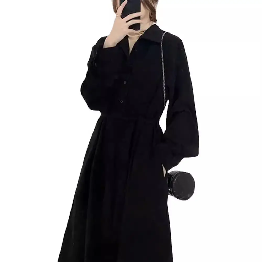 Black Long Sleeve Hem Bun Dress for Women - Image 6