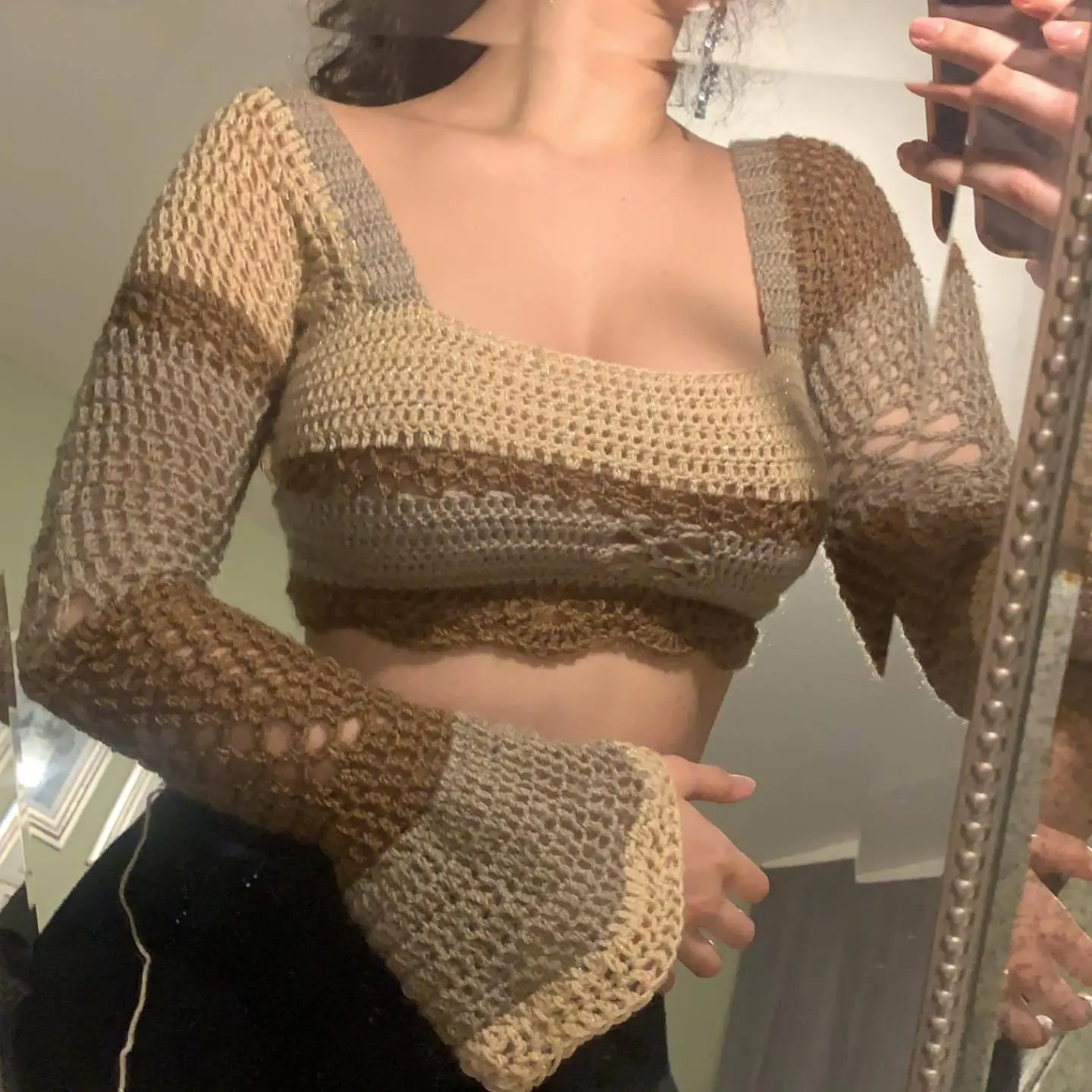 European American Women Crochet Color Stripe Top - Image 4