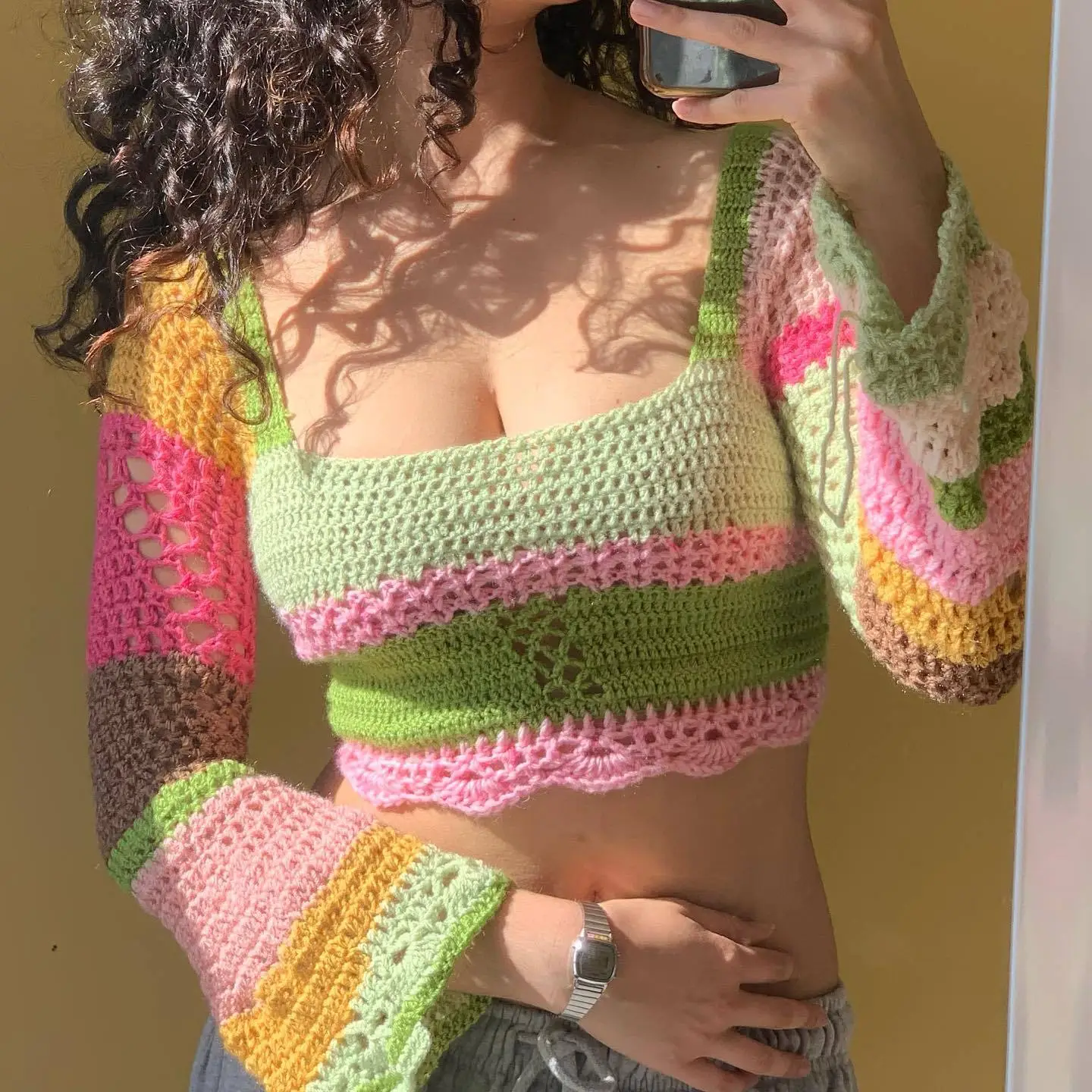 European American Women Crochet Color Stripe Top - Image 5