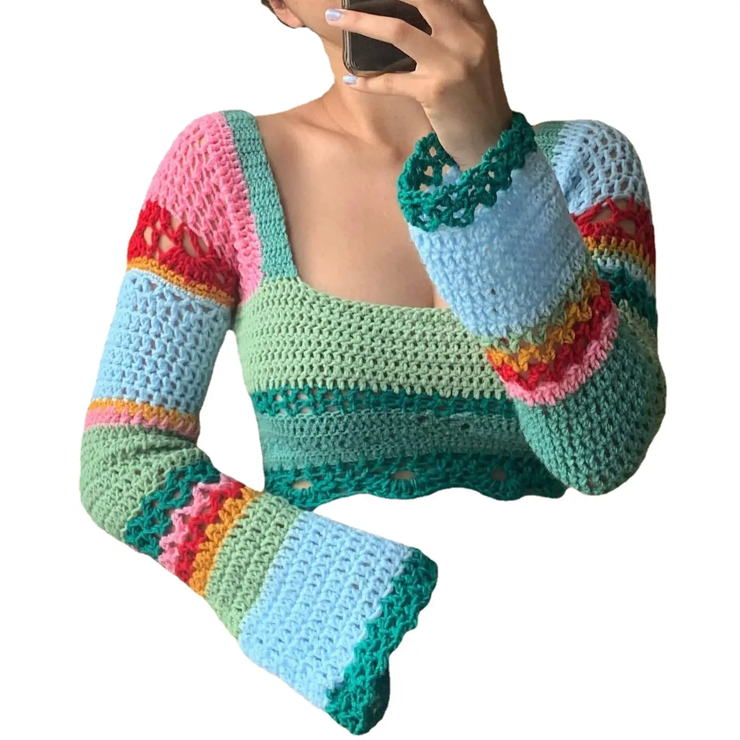 European American Women Crochet Color Stripe Top - Image 7