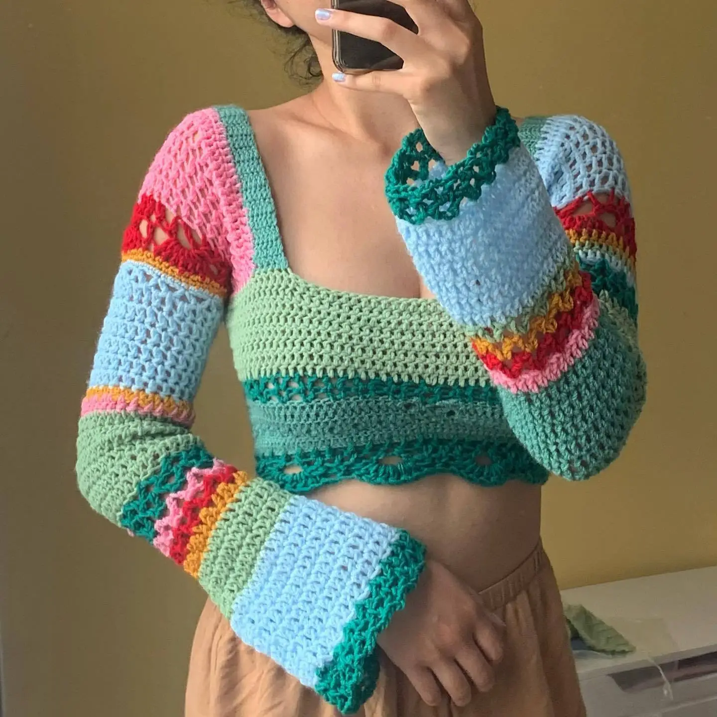 European American Women Crochet Color Stripe Top - Image 2