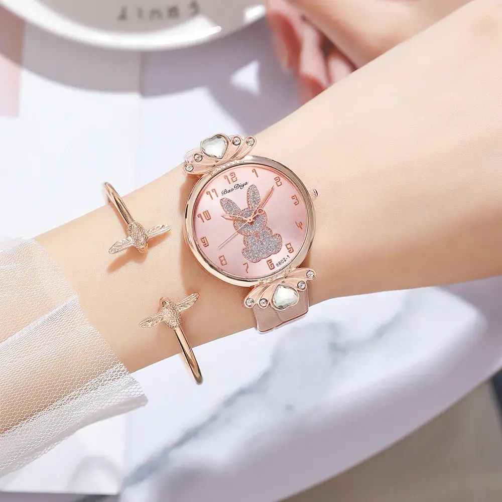 Women's Rabbit Pattern Watch Rose Gold White Band - Image 10