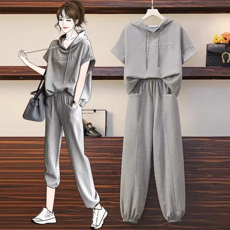 Plus Size Women Hooded Sweatshirt Set Gray 2025 - Image 4