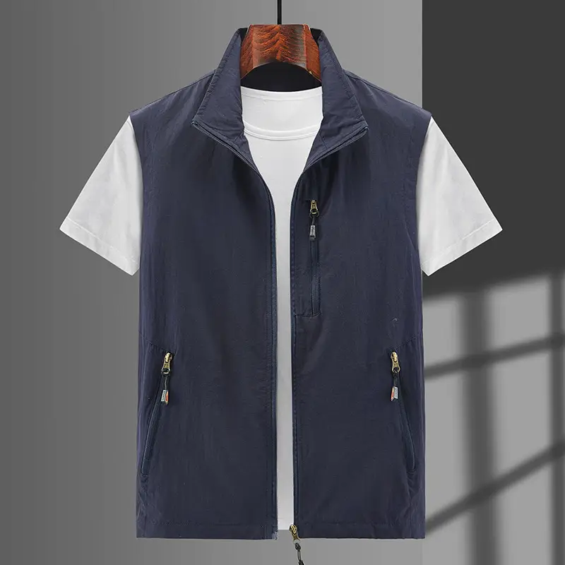 Men Navy Blue Waistcoat Vest with Zip Front - Image 7