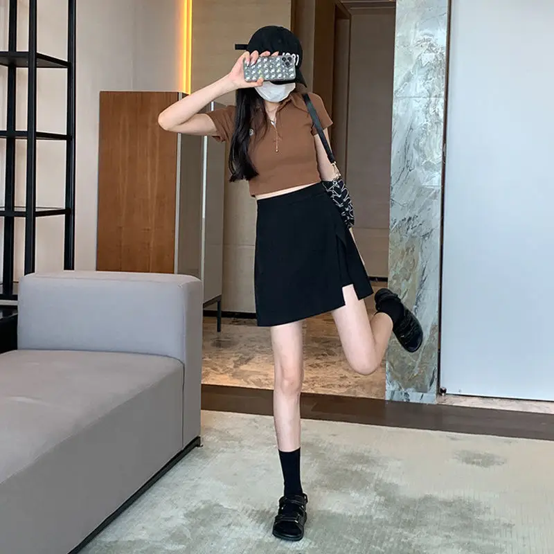 Black Slim Irregular A-Line Culottes Short Skirt Large - Image 4