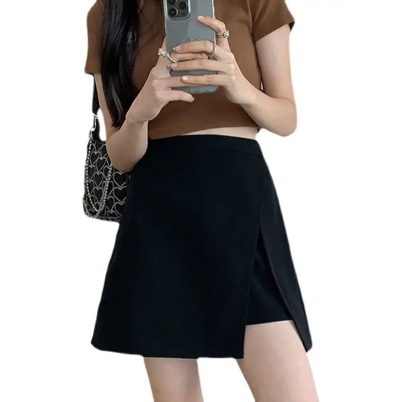 Black Slim Irregular A-Line Culottes Short Skirt Large - Image 6