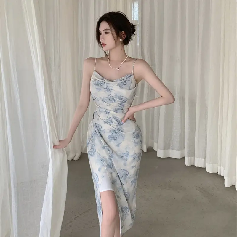 2023 Spring Printed Off-Shoulder Split Dress Women - Image 2
