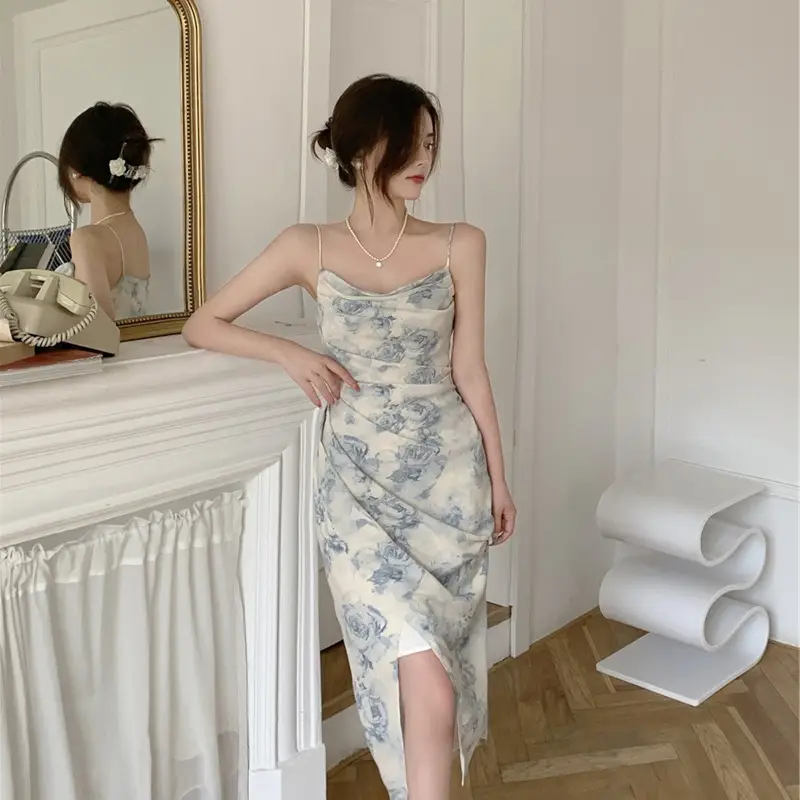 2023 Spring Printed Off-Shoulder Split Dress Women - Image 3