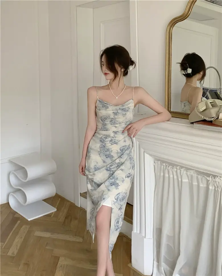 2023 Spring Printed Off-Shoulder Split Dress Women — feature 3