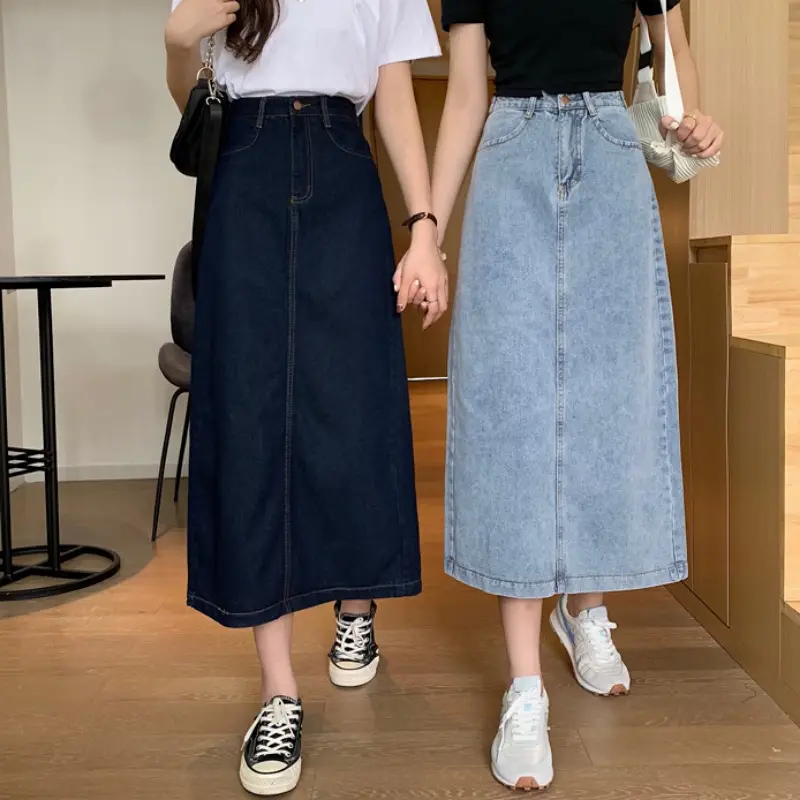 Women Split Denim Skirt High Waist Mid Length A Line