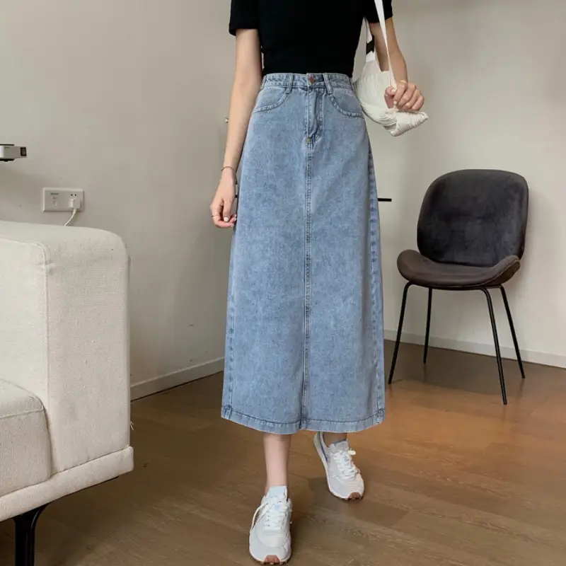 Women Split Denim Skirt High Waist Mid Length A Line