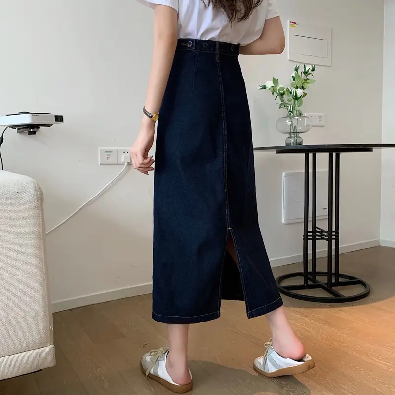 Women Split Denim Skirt High Waist Mid Length A Line