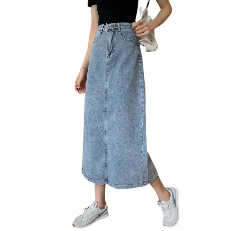 Women Split Denim Skirt High Waist Mid Length A Line