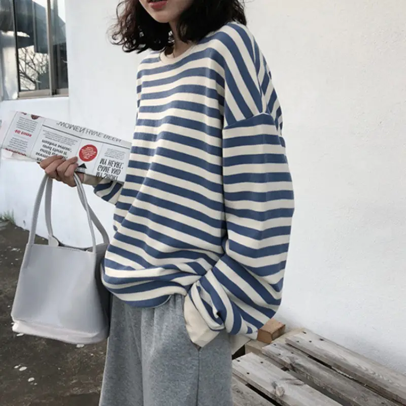 Women Striped Long Sleeve Sweatshirt Blue White Loose Fit - Image 2