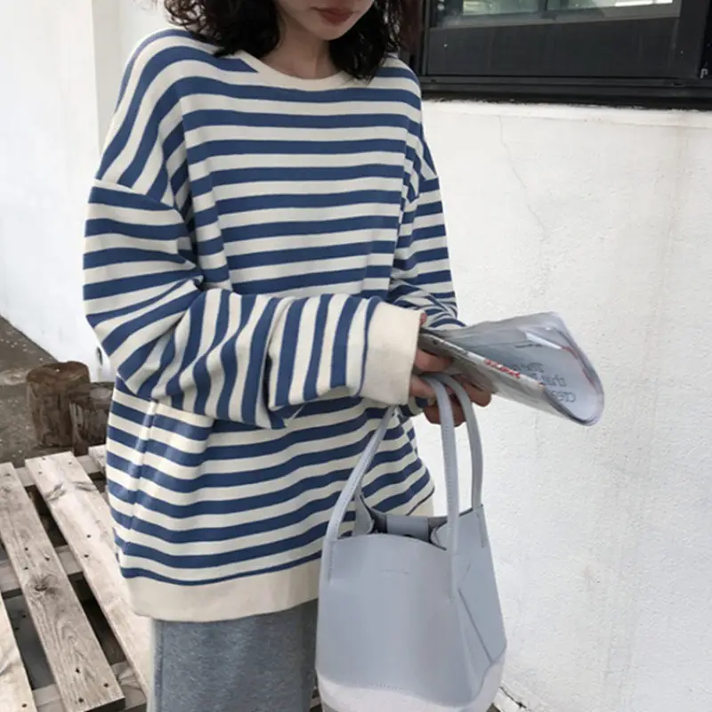Women Striped Long Sleeve Sweatshirt Blue White Loose Fit - Image 3