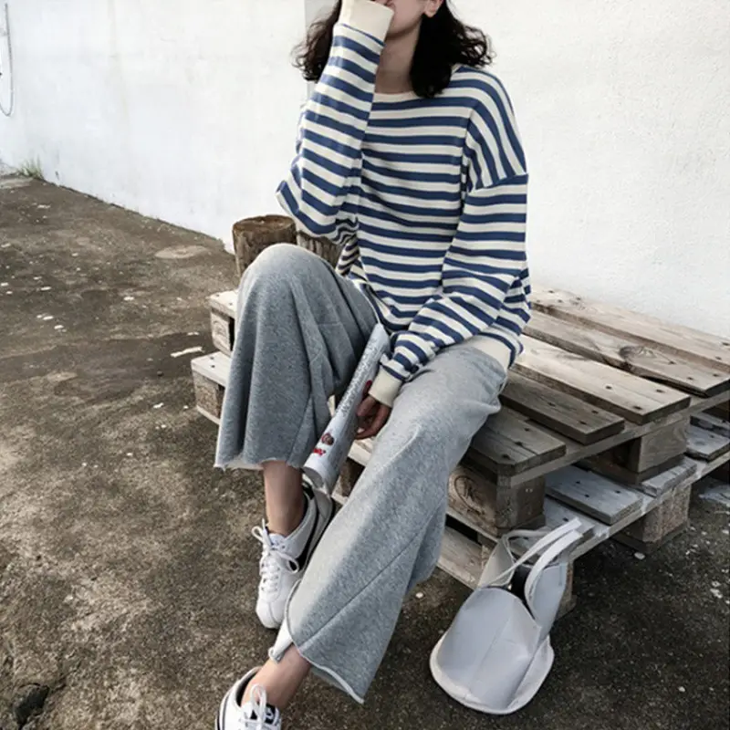 Women Striped Long Sleeve Sweatshirt Blue White Loose Fit - Image 4