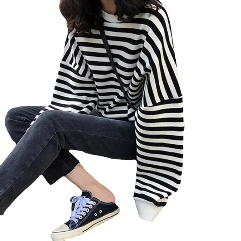 Women Striped Long Sleeve Sweatshirt Blue White Loose Fit - Image 5