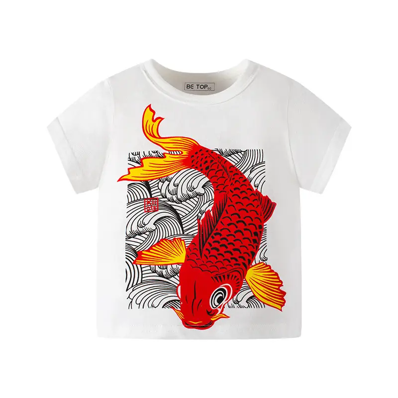 Kids Yellow Carp Print T-Shirt Pure Cotton Short Sleeve - Image 2