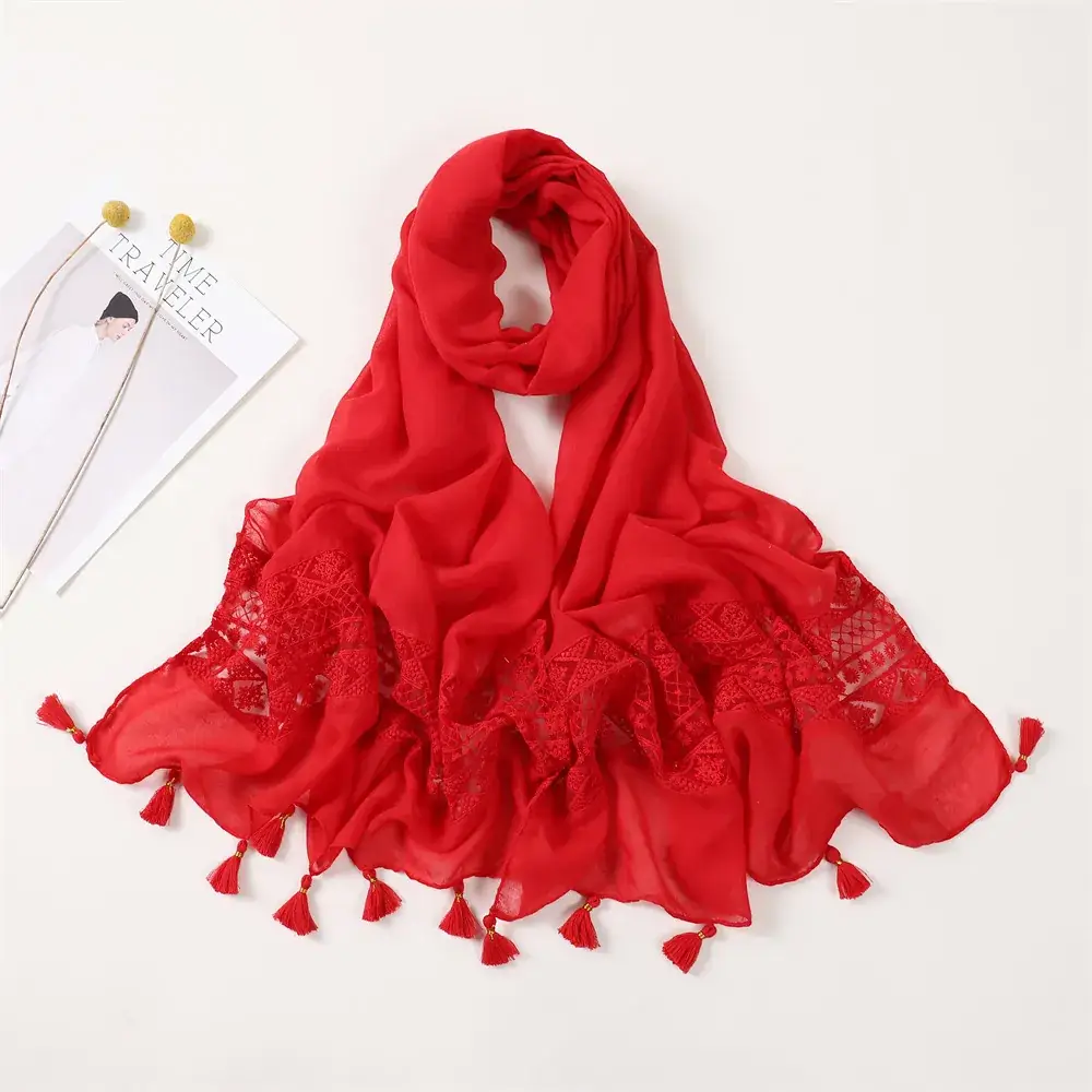 Red Lace Tassel Scarf for Women Travel Decor - Image 2