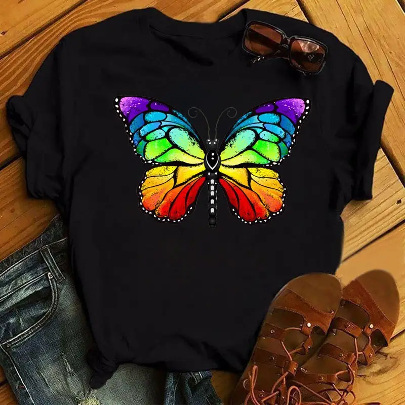 Women's Rainbow Butterfly Printed T-Shirt White 90s - Image 35
