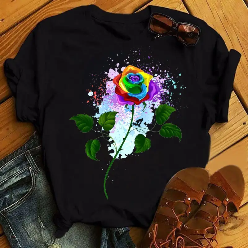 Women's Rainbow Butterfly Printed T-Shirt White 90s - Image 6