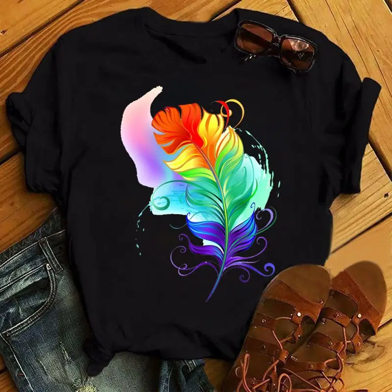 Women's Rainbow Butterfly Printed T-Shirt White 90s - Image 4