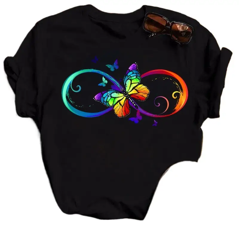 Women's Rainbow Butterfly Printed T-Shirt White 90s - Image 36