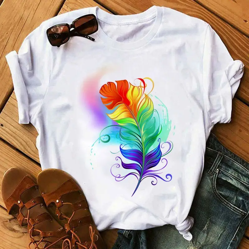 Women's Rainbow Butterfly Printed T-Shirt White 90s - Image 9