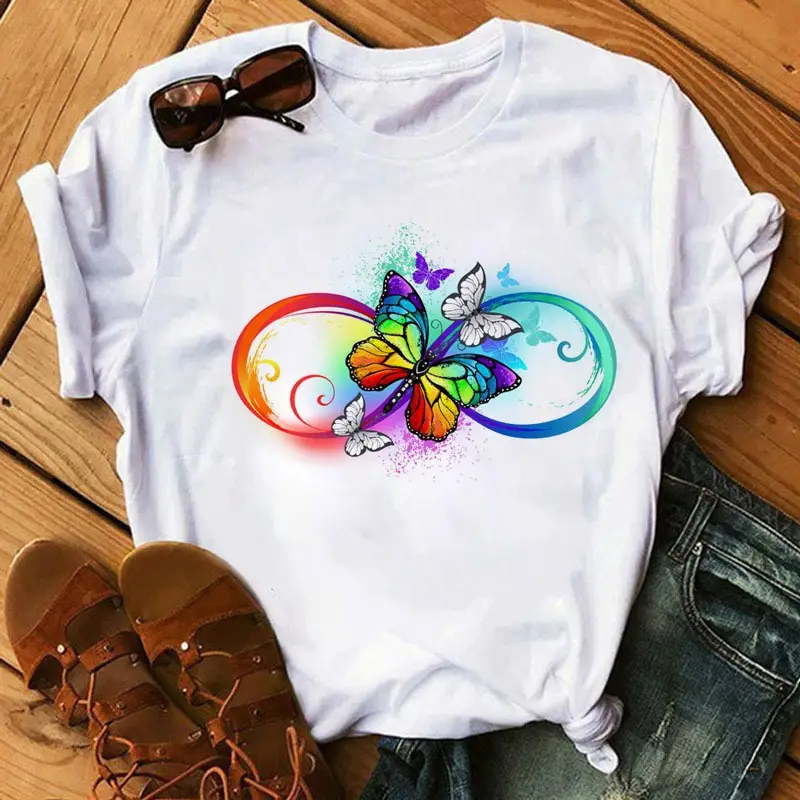 Women's Rainbow Butterfly Printed T-Shirt White 90s - Image 10