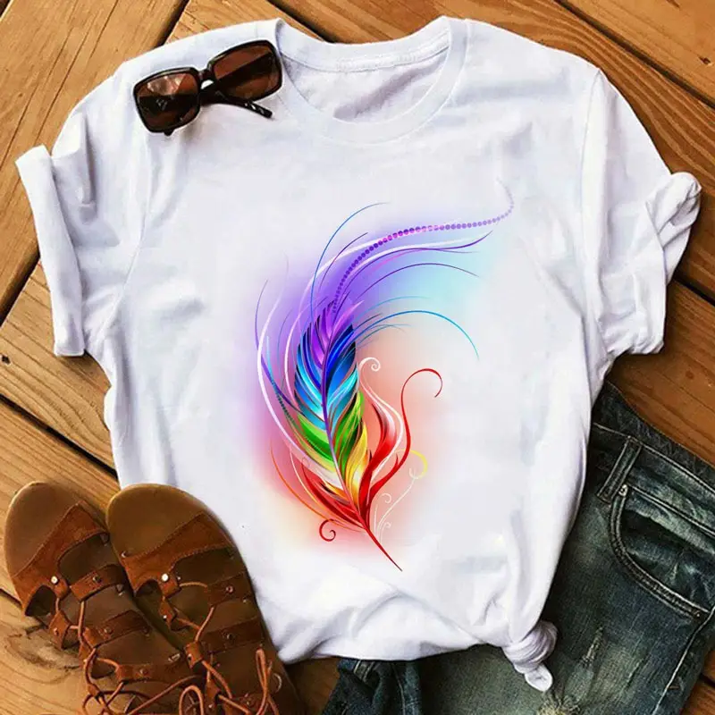 Women's Rainbow Butterfly Printed T-Shirt White 90s - Image 11