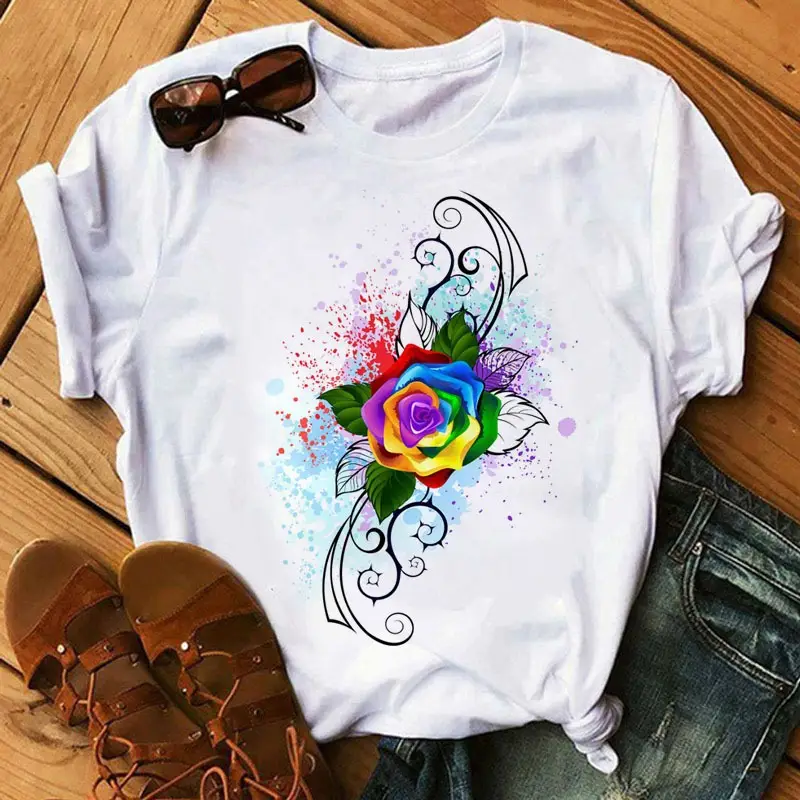 Women's Rainbow Butterfly Printed T-Shirt White 90s - Image 12
