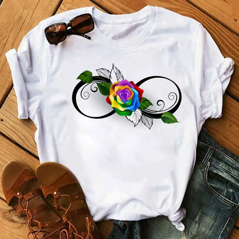 Women's Rainbow Butterfly Printed T-Shirt White 90s - Image 13