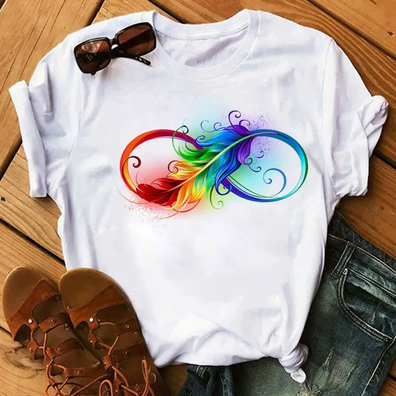 Women's Rainbow Butterfly Printed T-Shirt White 90s - Image 14