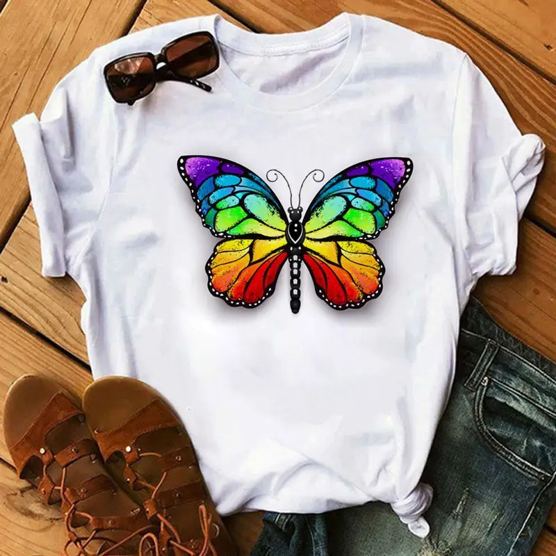 Women's Rainbow Butterfly Printed T-Shirt White 90s - Image 15