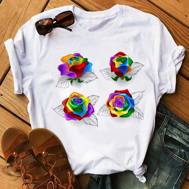 Women's Rainbow Butterfly Printed T-Shirt White 90s - Image 16