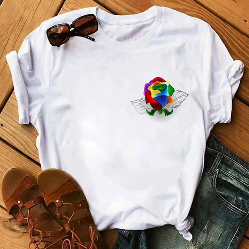 Women's Rainbow Butterfly Printed T-Shirt White 90s - Image 17