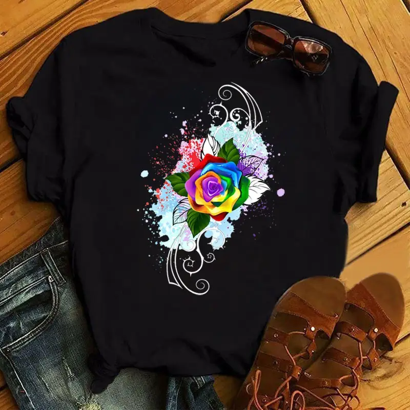 Women's Rainbow Butterfly Printed T-Shirt White 90s - Image 2