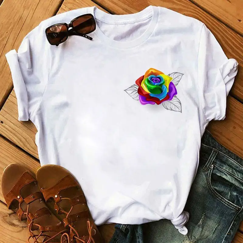 Women's Rainbow Butterfly Printed T-Shirt White 90s - Image 19