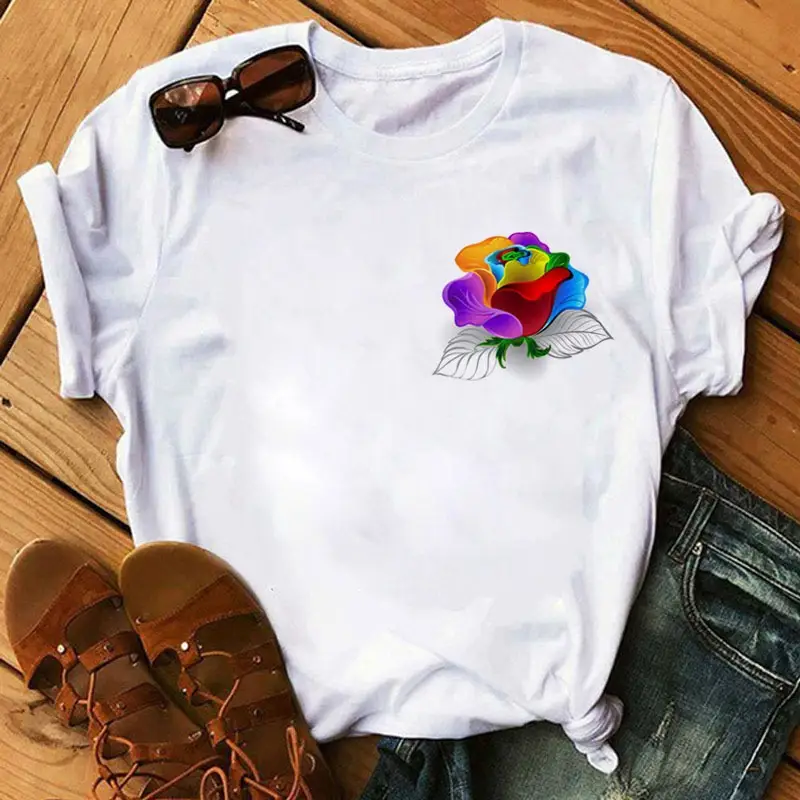 Women's Rainbow Butterfly Printed T-Shirt White 90s - Image 20