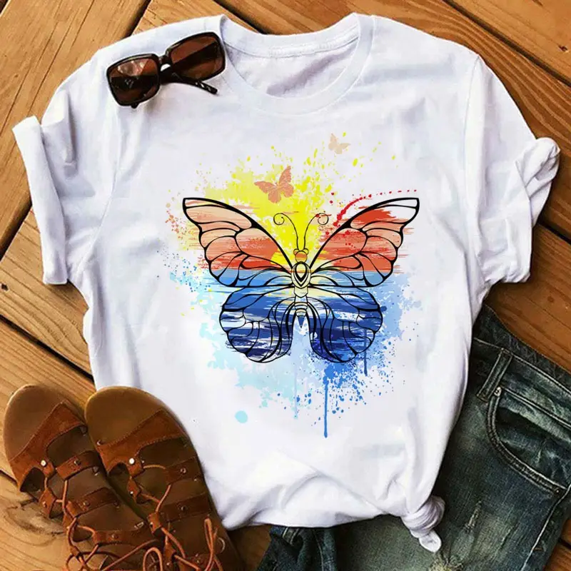 Women's Rainbow Butterfly Printed T-Shirt White 90s - Image 21