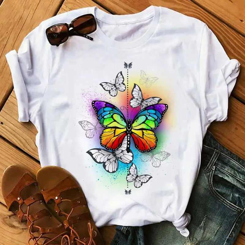 Women's Rainbow Butterfly Printed T-Shirt White 90s - Image 22
