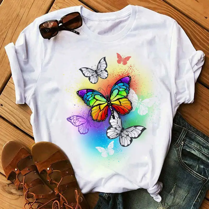 Women's Rainbow Butterfly Printed T-Shirt White 90s - Image 23