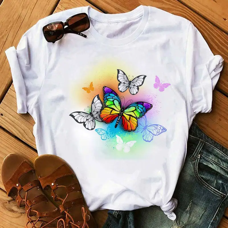 Women's Rainbow Butterfly Printed T-Shirt White 90s - Image 24
