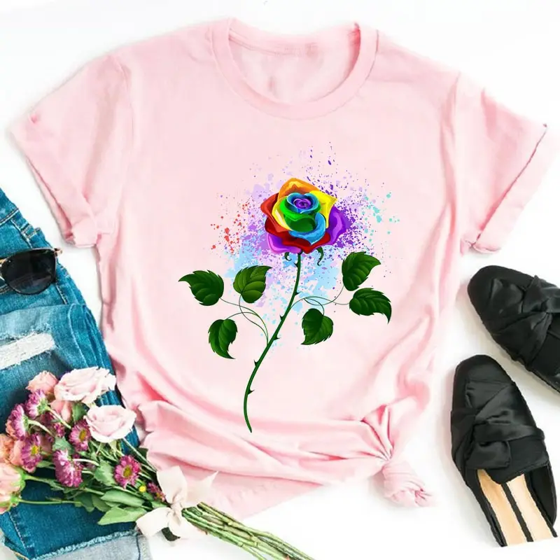 Women's Rainbow Butterfly Printed T-Shirt White 90s - Image 25