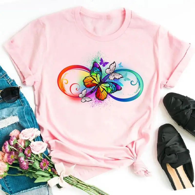 Women's Rainbow Butterfly Printed T-Shirt White 90s - Image 28
