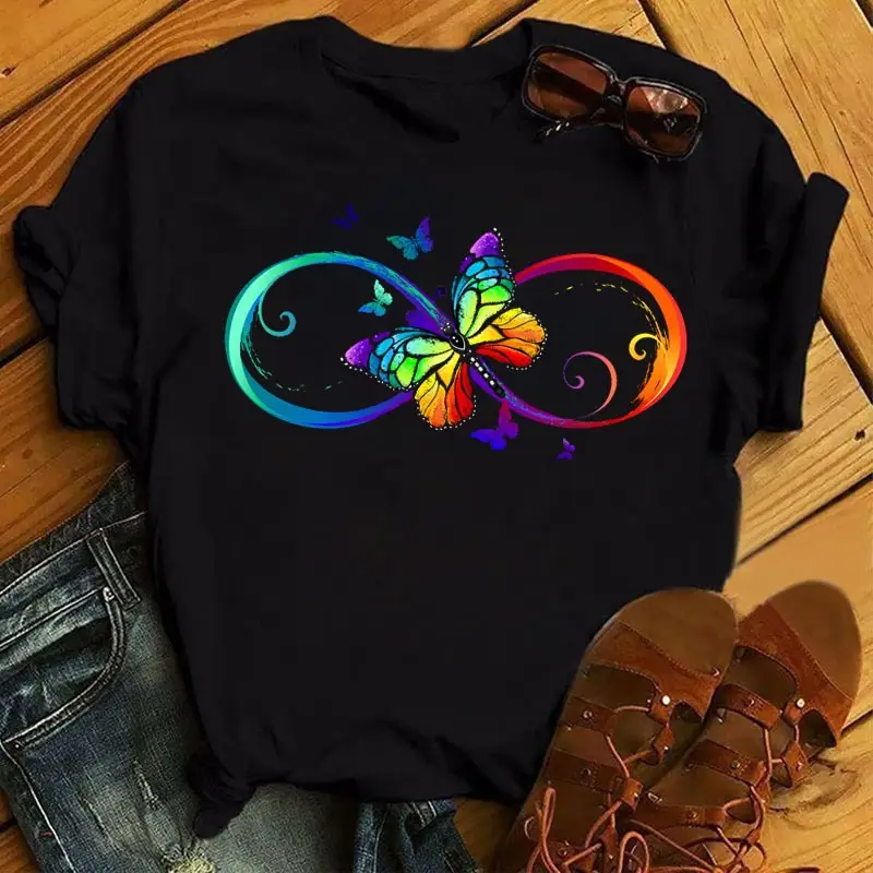 Women's Rainbow Butterfly Printed T-Shirt White 90s - Image 3