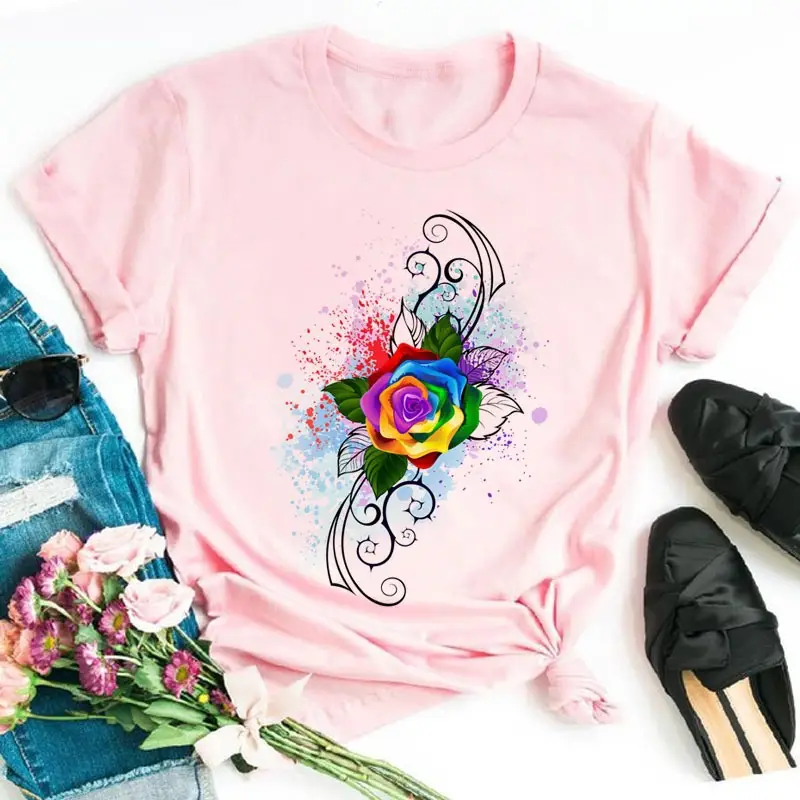 Women's Rainbow Butterfly Printed T-Shirt White 90s - Image 30
