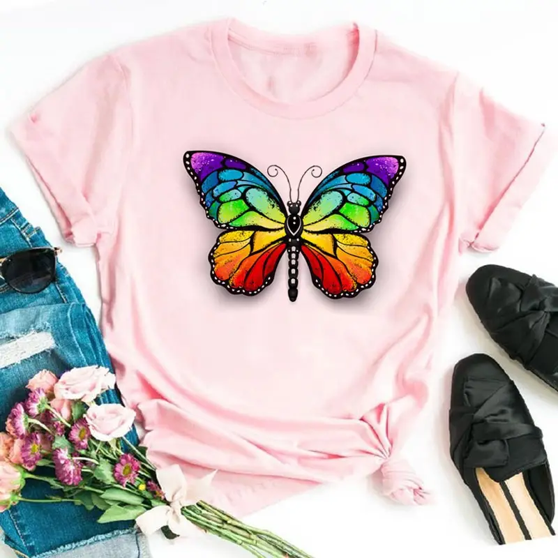 Women's Rainbow Butterfly Printed T-Shirt White 90s - Image 33