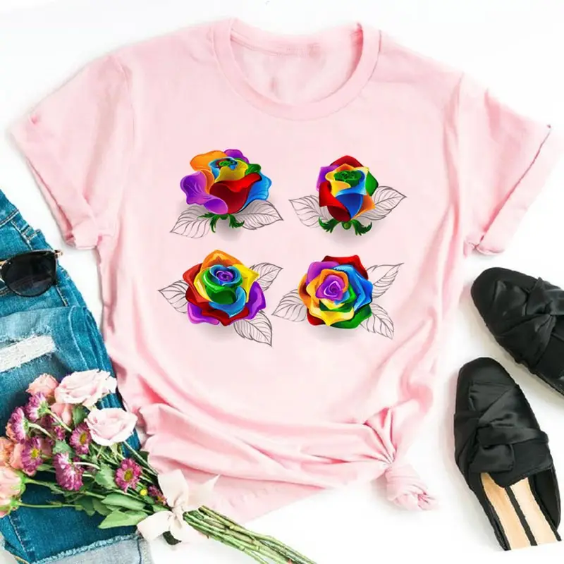 Women's Rainbow Butterfly Printed T-Shirt White 90s - Image 34